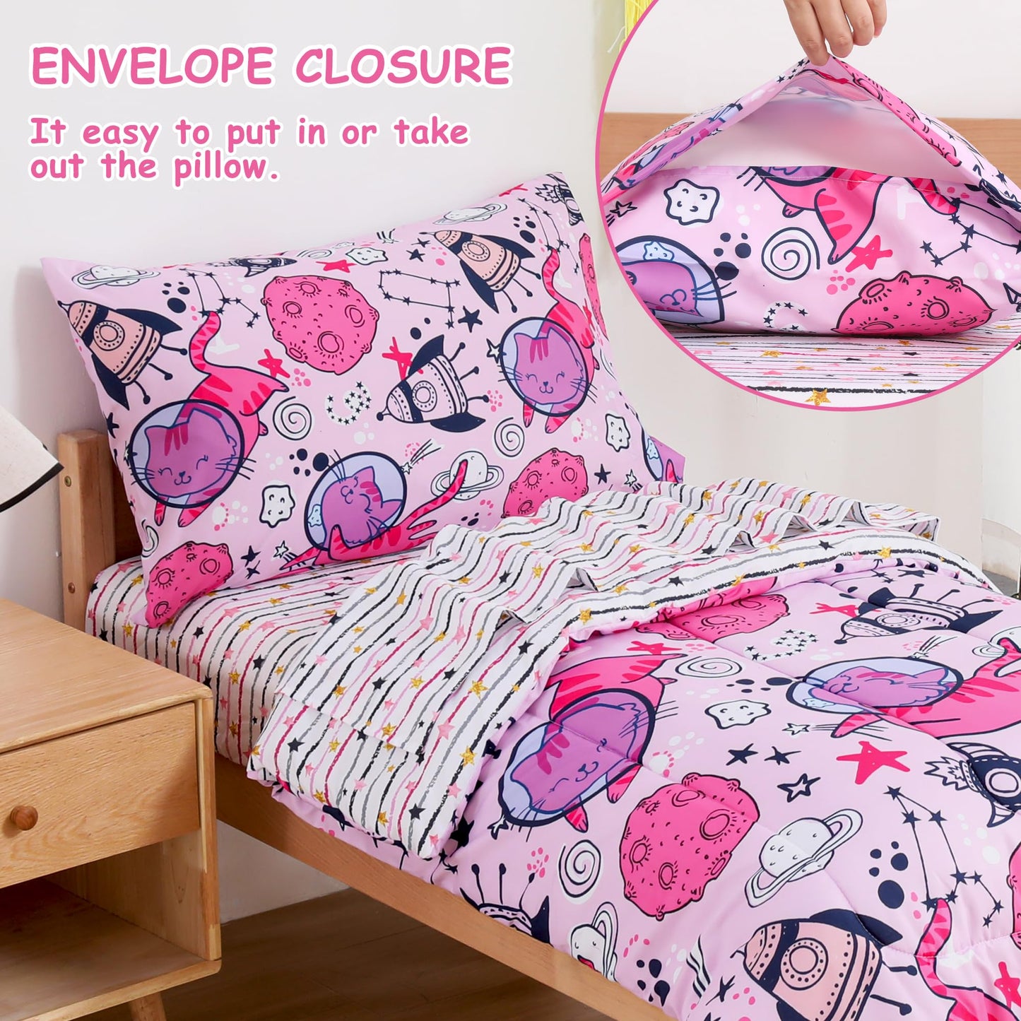 Mooreeke 4 Pieces Toddler Bedding Set - Pink Cute Space Cat Toddler Comforter Sets for Girls, Includes Comforter, Flat Sheet, Fitted Sheet and Pillowcase, Bed in A Bag for Baby Bedroom