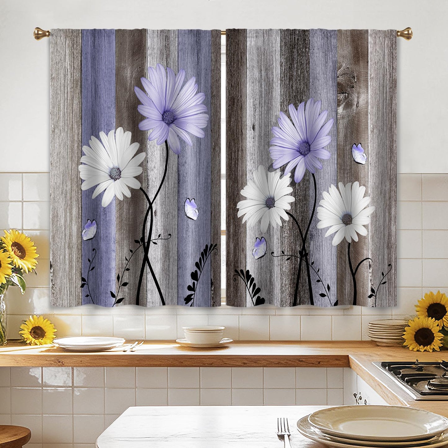 Cizuug Purple Farmhouse Daisy Kitchen Curtains Wooden Flower Small Short Cafe Window Curtains Rustic Floral Butterfly Country Bathroom Drapes Treatment Tier Curtains 2 Panels