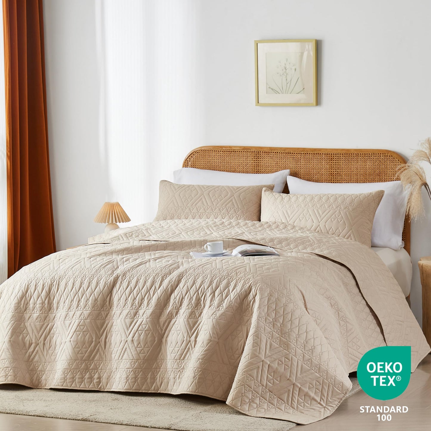 akkialla King/Cal King Size Quilt Bedding Set,Beige Lightweight Microfiber Soft Bedspread,Modern Style Geometric Pattern Coverlet Set for All Seasons,3 Piece(1 Quilt,2 Pillow Shams)