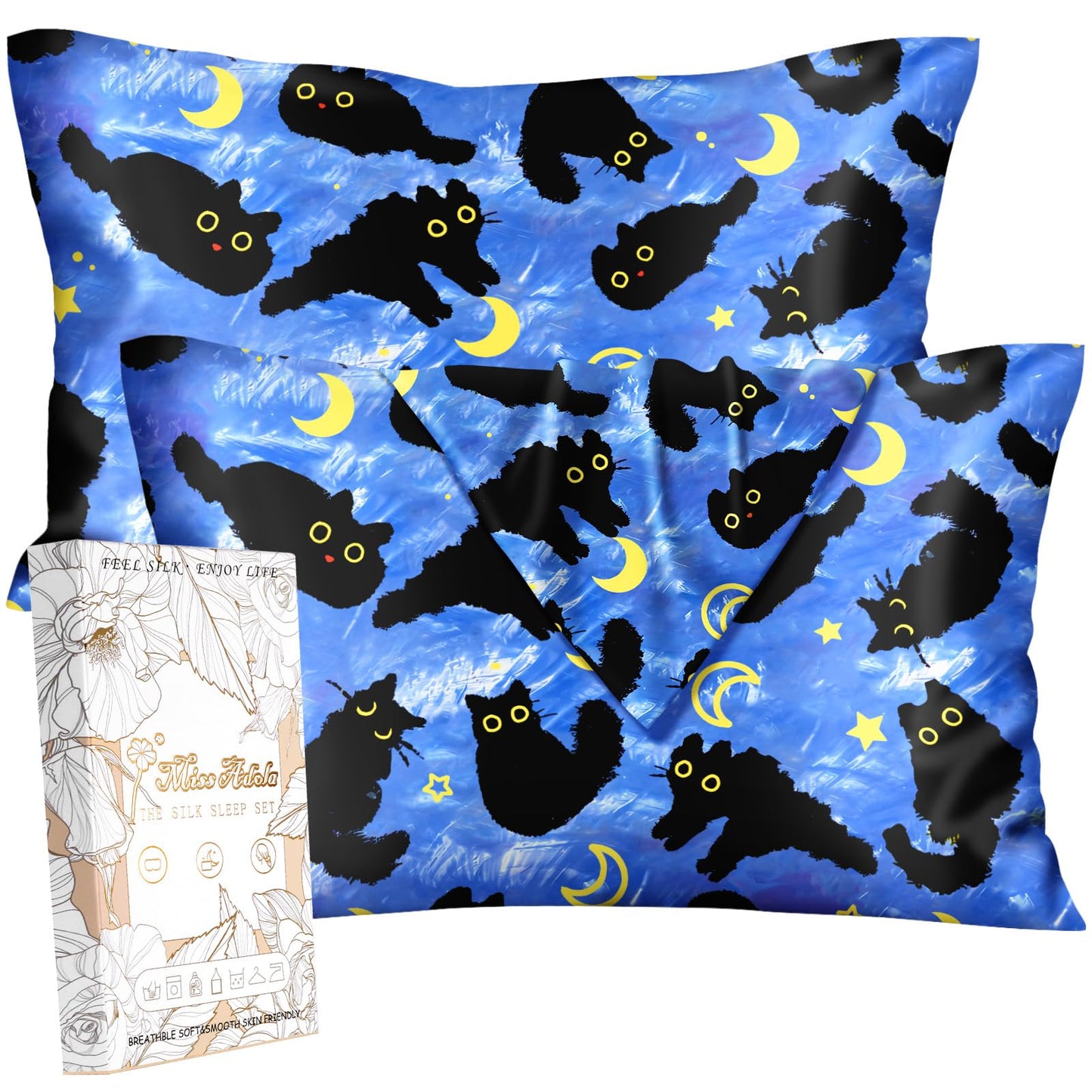 Miss Adola Silk Pillowcase 2 Pack - Cute Pillow Cases 20" x 26" Standard Size Set of 2 for Hair and Skin Smooth Soft Breathable with Hidden Zipper Cooling Pillow Covers for Sleeping, Blue Moon Cat