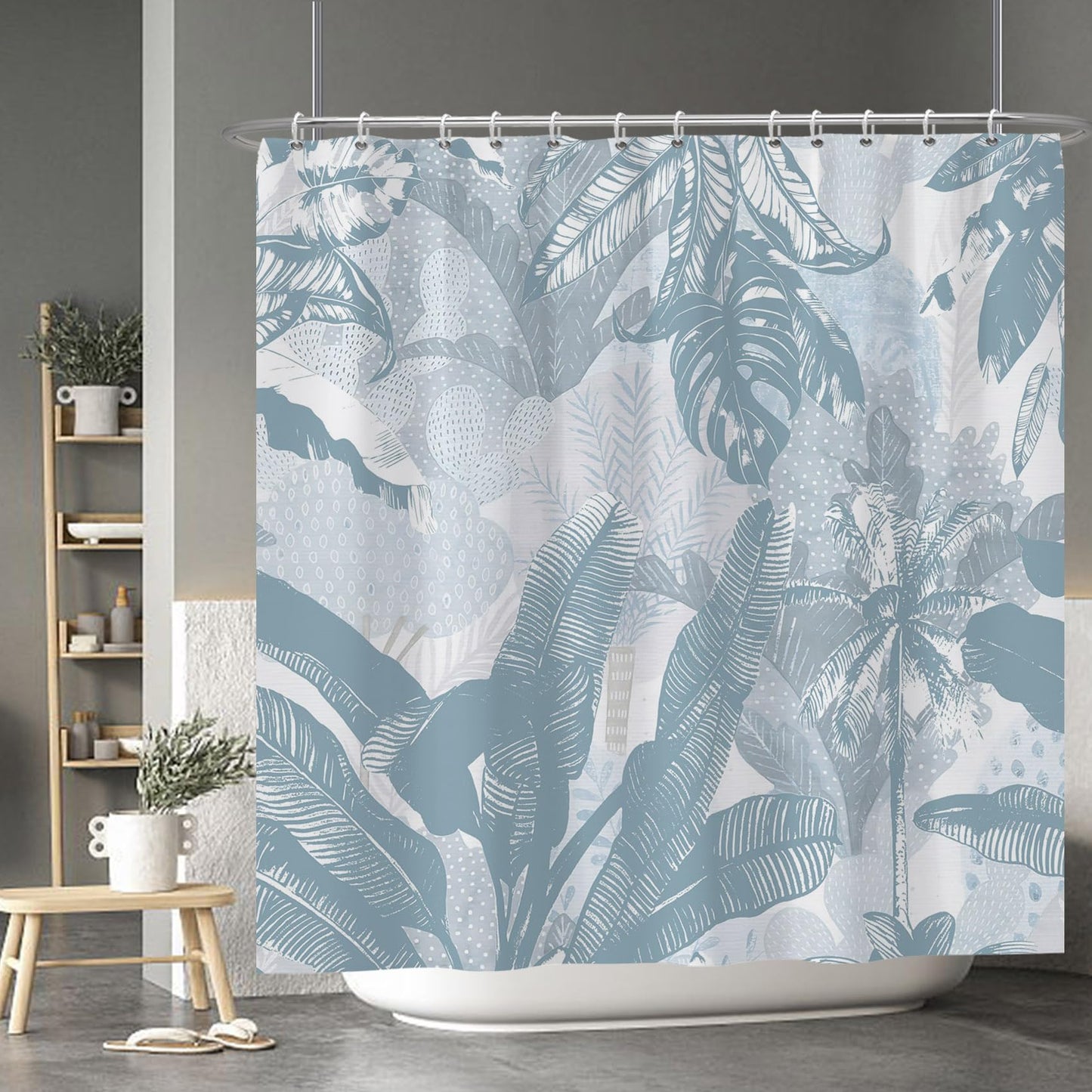 Baocicoo Palm Leaf Banana Leaves Shower Curtain - Baby Blue Tropical Boho Abstract for Family Bathroom - Waterproof Washable with Hooks - 72x72 Inches