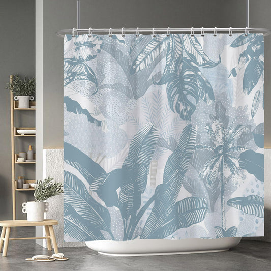 Baocicoo Palm Leaf Banana Leaves Shower Curtain - Baby Blue Tropical Boho Abstract for Family Bathroom - Waterproof Washable with Hooks - 72x72 Inches