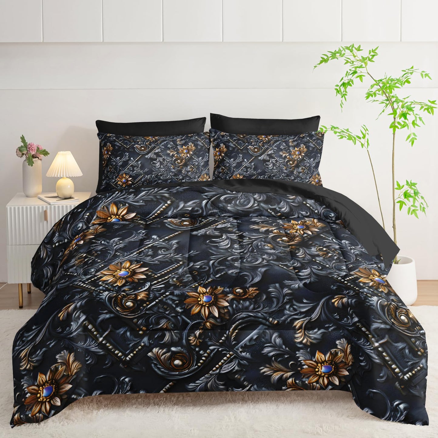 lneffble 7 Piece Black and Gold Baroque Comforter Set Queen，Baroque Queen Bedding，(1 Comforter, 1 Flat Sheet, 1 Fitted Sheet, 2 Pillowcase and 2 Pillow Sham)，Baroque Gothic Bedroom Decor