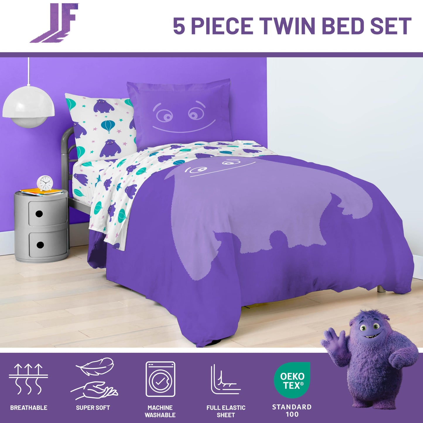 Jay Franco IF Imaginary Friends Twin Comforter Set - Purple 5 Piece Bed Set Includes Sheet Set & Pillow Covers - Super Soft Kids Bedding Features Blue