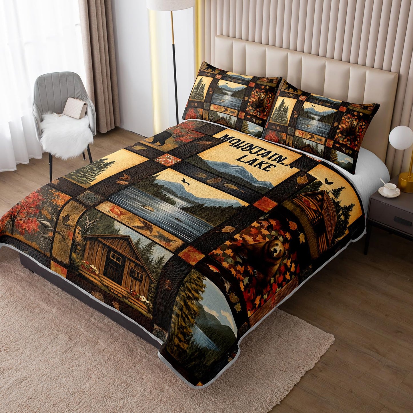 UEVBF Country Cabin Quilts King Size,Bear Forest Bedding Set for Room Decor,3-Piece Lightweight All Season Quilt Set,Countryside Bedding with 2 Pillowcases.