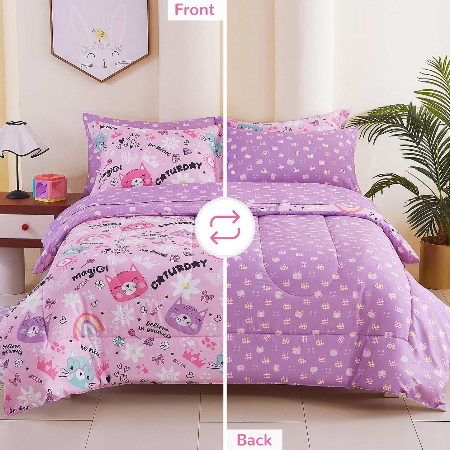 Viviland Kids Twin Bedding Sets for Girls, Soft Twin Comforter Set with Sheets, 5 Pieces Microfiber Bed in a Bag, Pink Cat Kitty