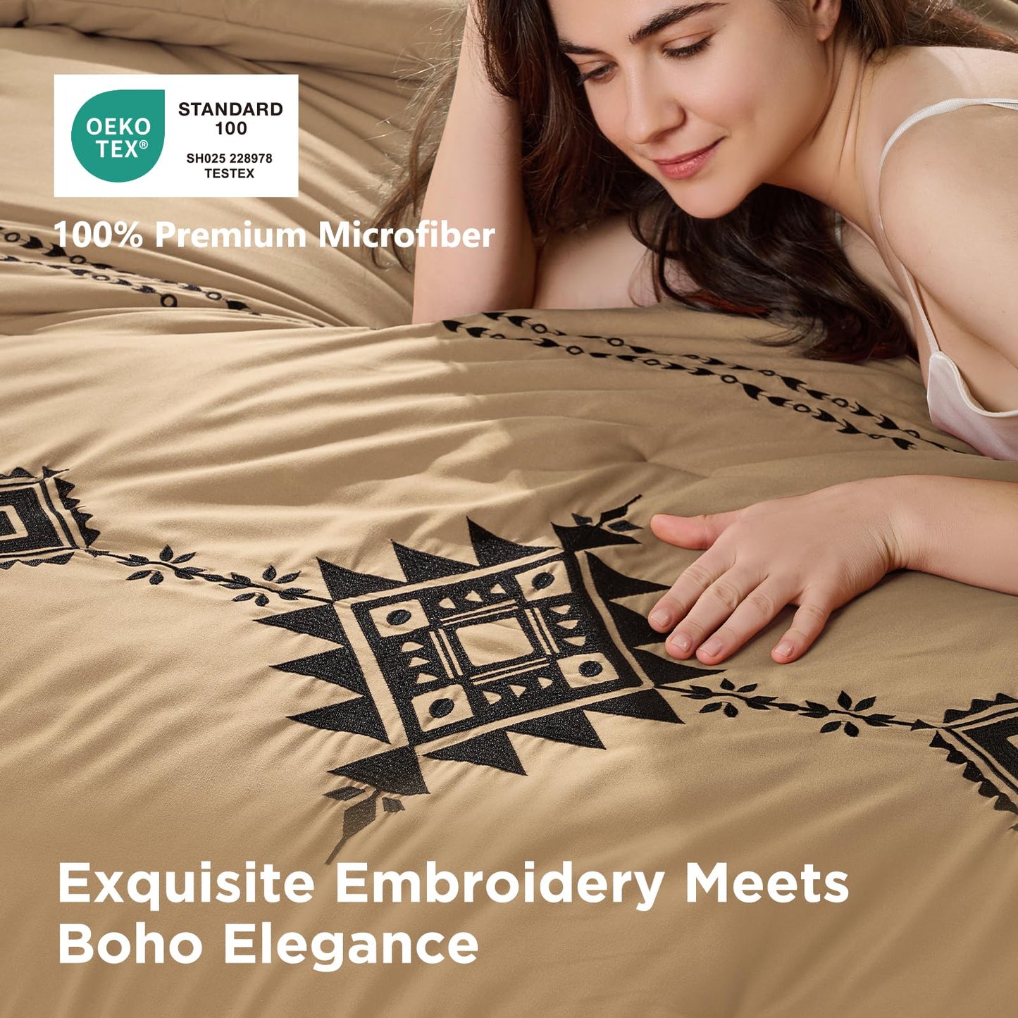 Baskbed Boho Embroidered Bed Comforter Queen Set, 3-Piece Western Shabby Chic Bedding Set - Fluffy Ultra Soft Microfiber with Intricate Design, Includes Comforter & 2 Pillowcases, Khaki(88"x88")