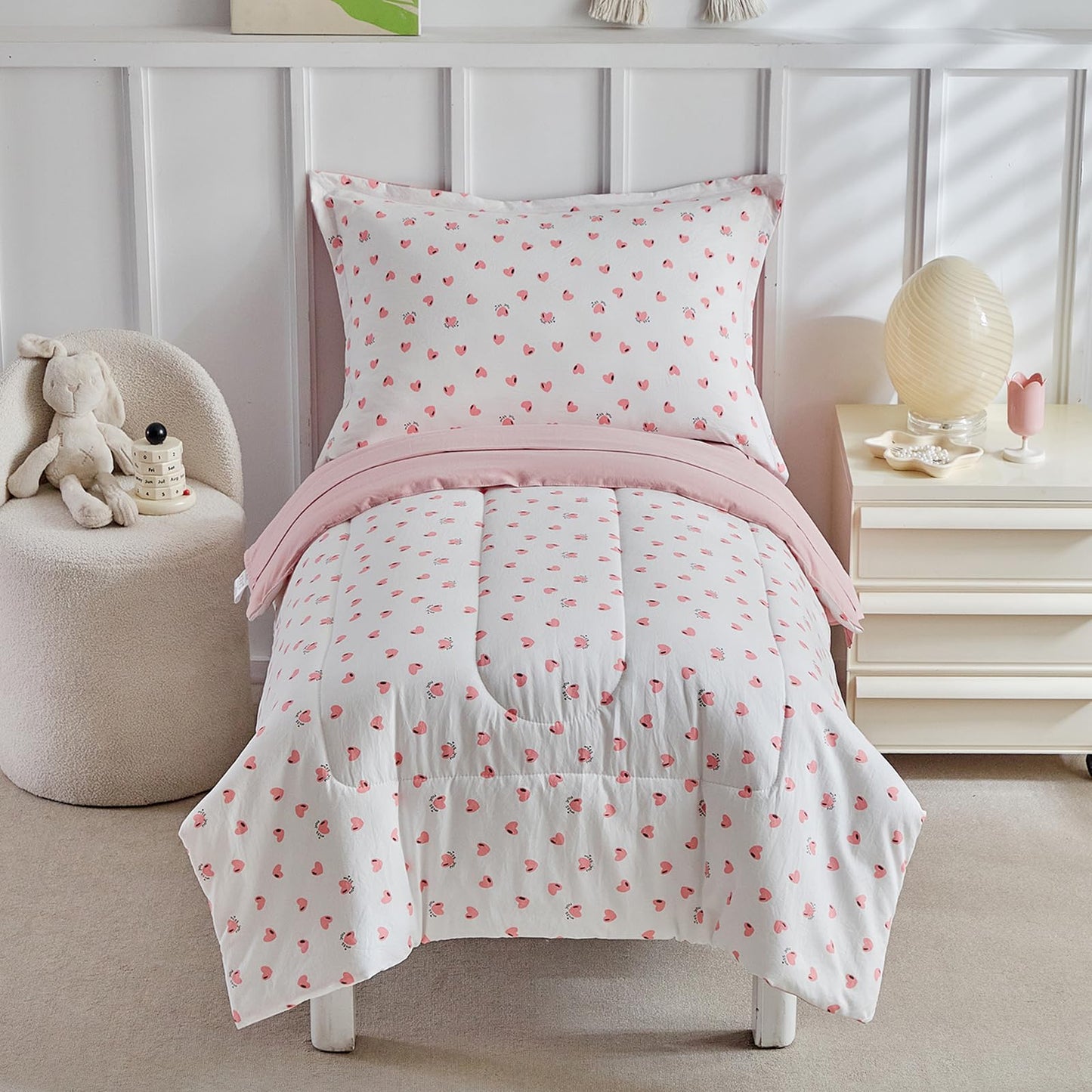 DuShow Toddler Bedding Set for Girls,4 Piece Bed-in-a-Bag Toddler Comforter Sets,Pink Heart Crib Bedding Sheets Set,Include Quilt Comforter,Flat Sheet,Fitted Sheet,Pillowcase