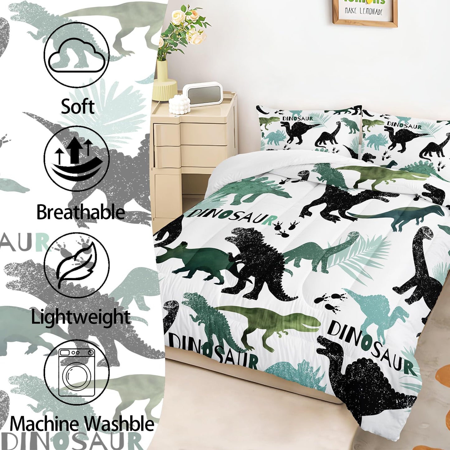 AILONEN Dinosaur Twin Kids Bedding Set,Black and Green Dinosaur Comforter Set All Season,Tropic Leaves and Roaring Dinosaur Silhouette Printed Soft Comforter with 2 Pillowcases for Boys