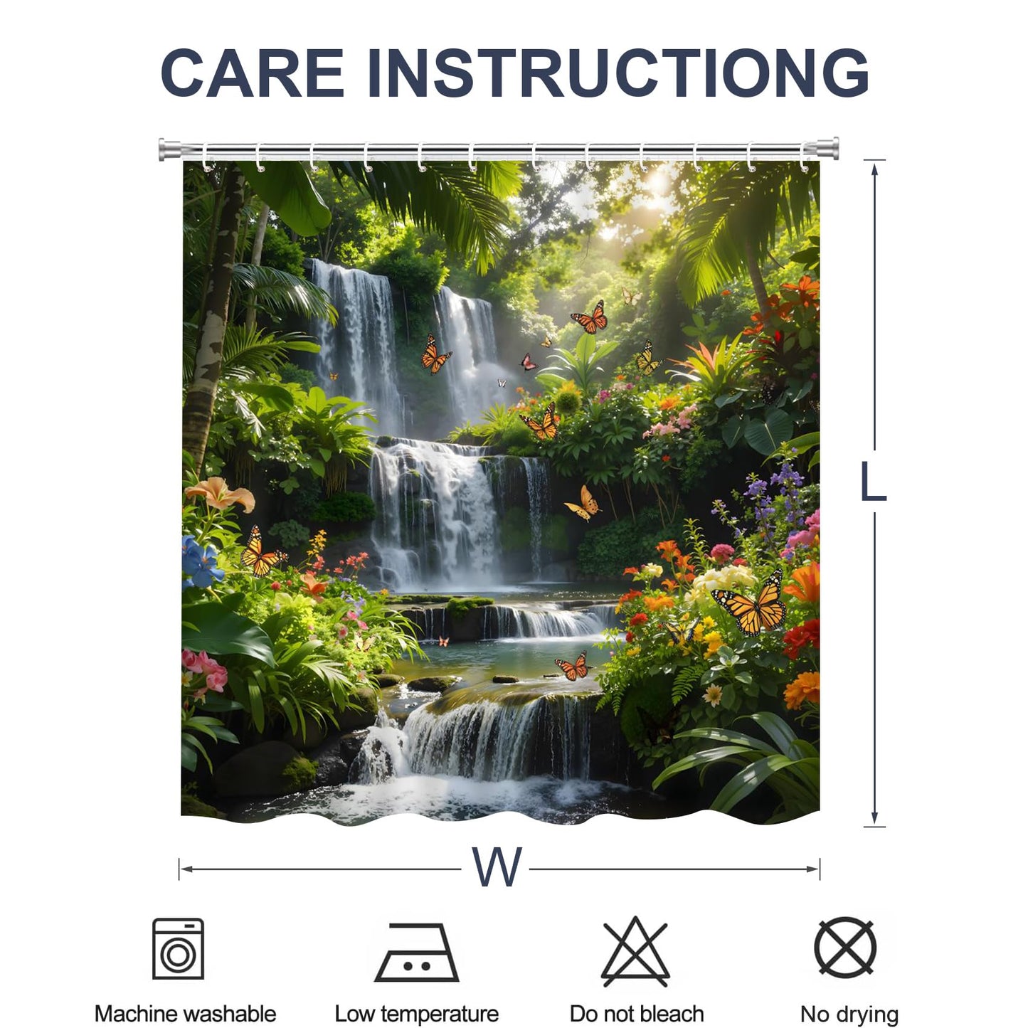 Forest Waterfall Shower Curtain Fantasty Spring Garden Flowers Butterflies Green Plants Streams Sunshine Rustic Natural Scenery Bathroom Decor Polyester Fabric Curtains with Hooks 70" W X 70" L