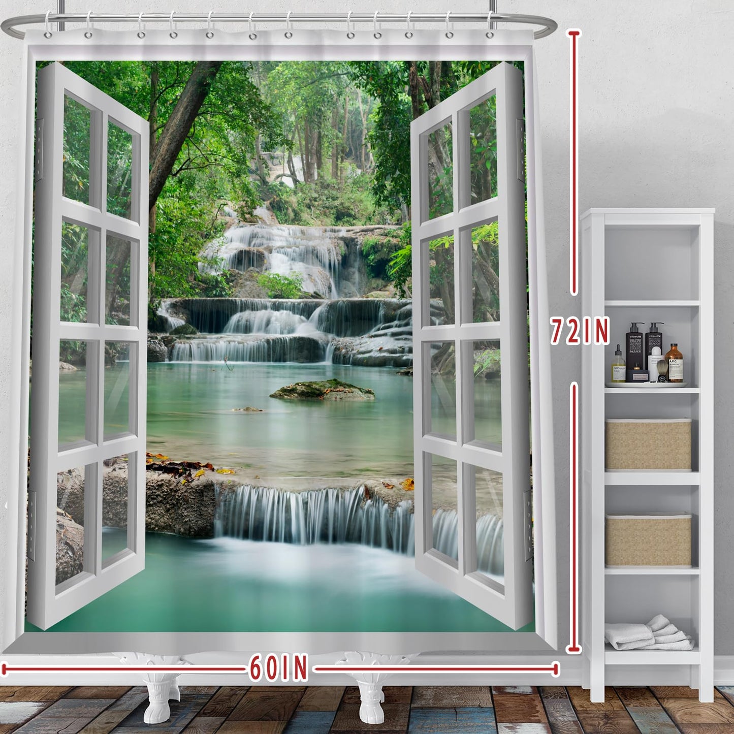 Baocicco Nature Landscape Shower Curtain Summer Forest River Jungle Waterfall Lake Window Scenery Shower Curtains Decorative for Bathroom Waterproof Fabric Shower Curtain with Hooks 60x72 Inches