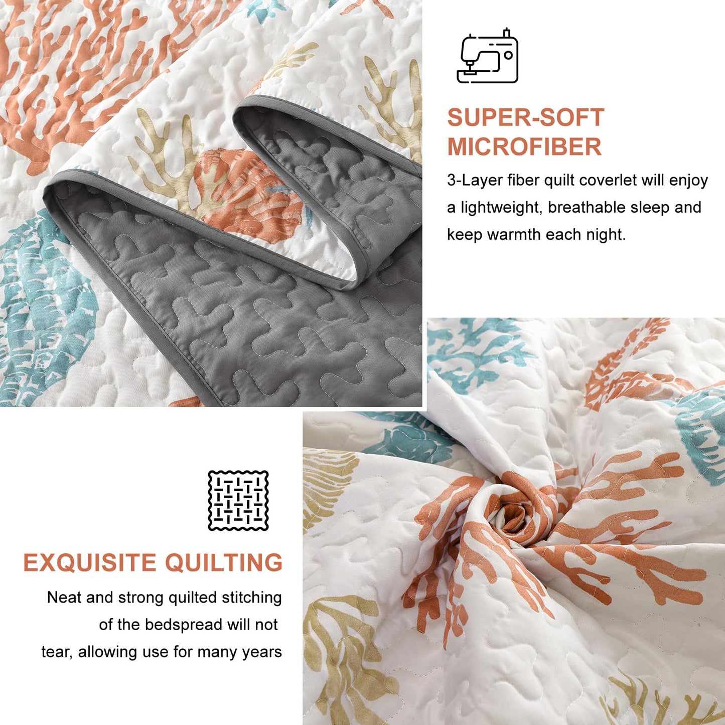 DJY Coastal King Size Quilt Set 3 Pcs, Ocean Beach Theme Bedding with Pillowcases, Summer Orange Reversible Microfiber Comforter Set Lightweight Nautical Bedspread Coverlet Set for All Season