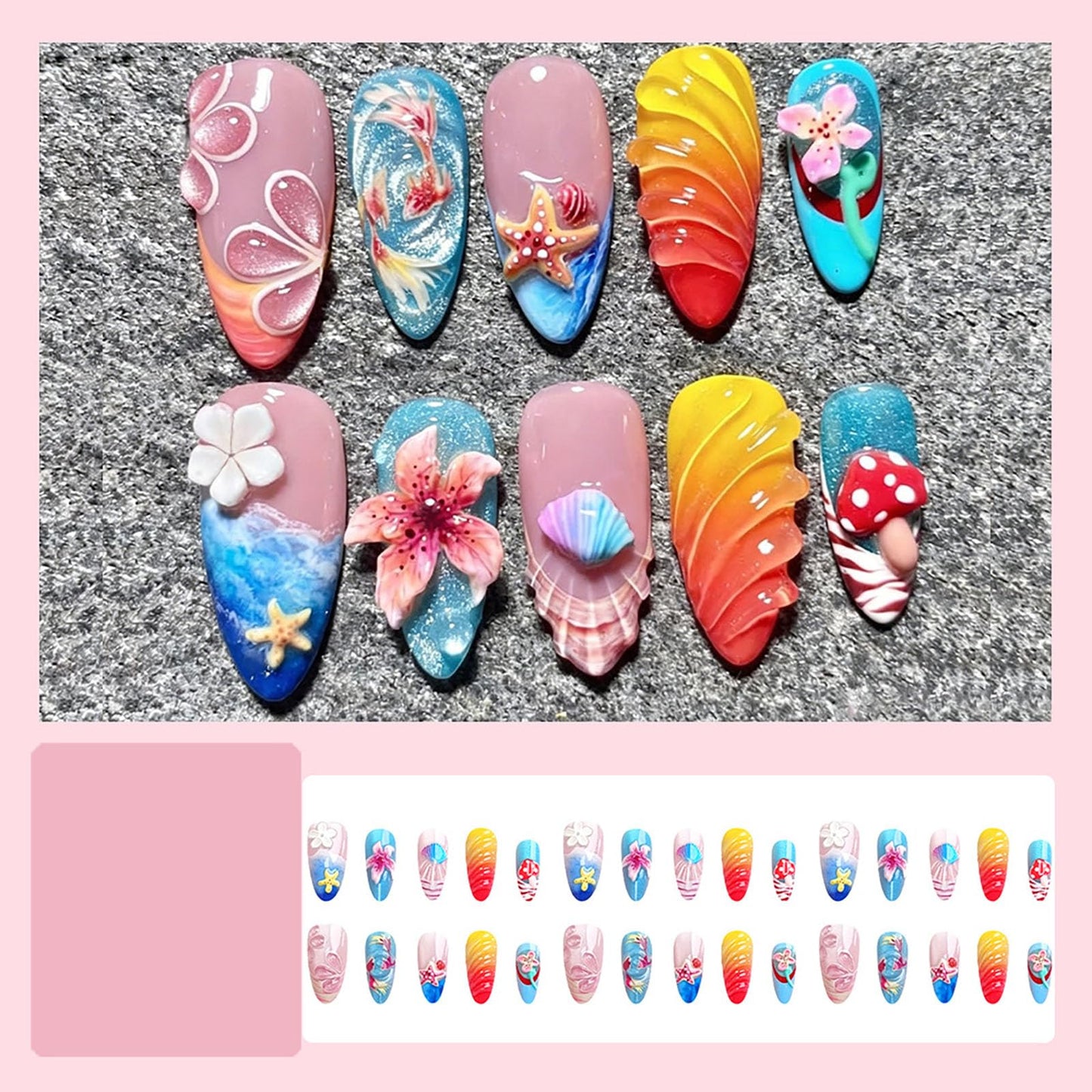 RUOKEXIN Almond Press on Nails French Tip Fake Nails Beach False Nails with 3D Flower Shell Designs Medium Nail Press ons Summer Sparkly Artificial Nails for Women 30Pcs
