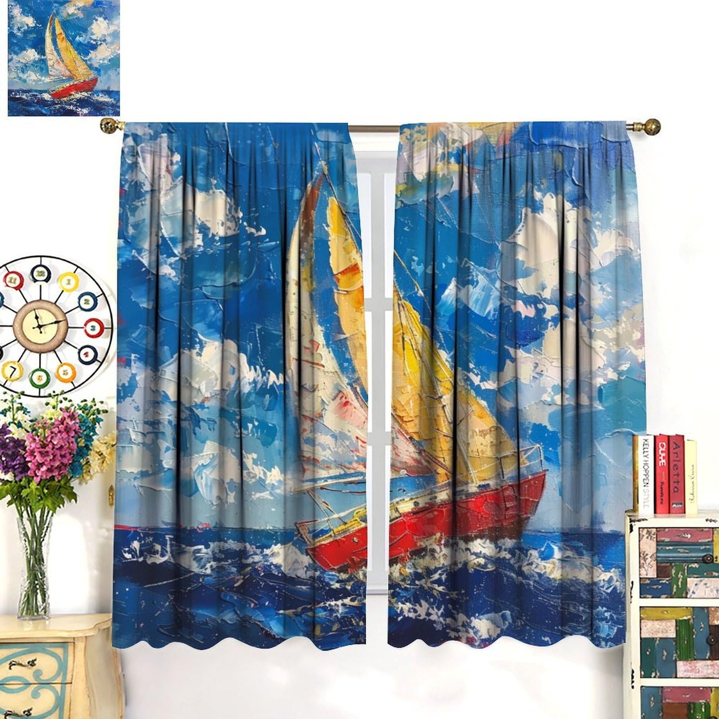 TOWINSFB Beautiful Sailboat Blackout Curtains for Bedroom Living Room, Nautical Ship Blue Sky Seaside Scenery Thermal Insulated Room Darkening Curtain- 2 Panels, Each 21" W x 63" L
