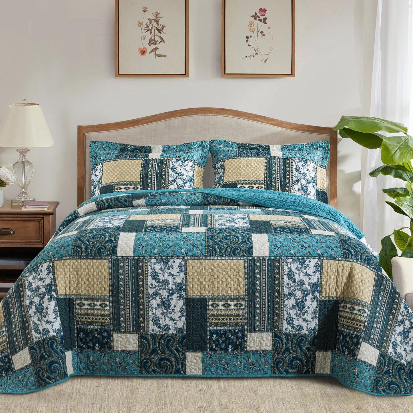 TWINRUN California King Quilt, Cotton California King Quilt Sets (108 X 118 Inch), 3 Piece Farmhouse Patchwork Bedspread, Lightweight Oversized King Quilt Coverlet for All-Season