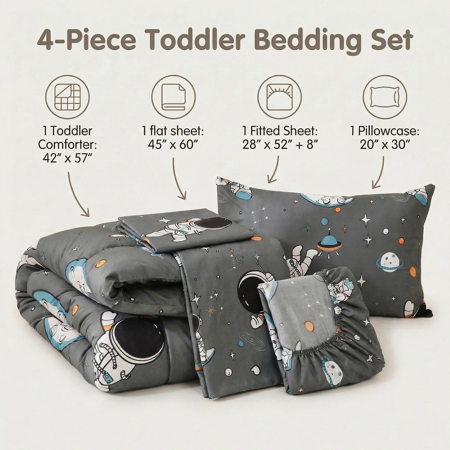 JSD Grey Astronaut Toddler Bedding Set, 4 Piece Space Theme Bed-in-a-Bag Comforter Sheet Set, Machine Washable