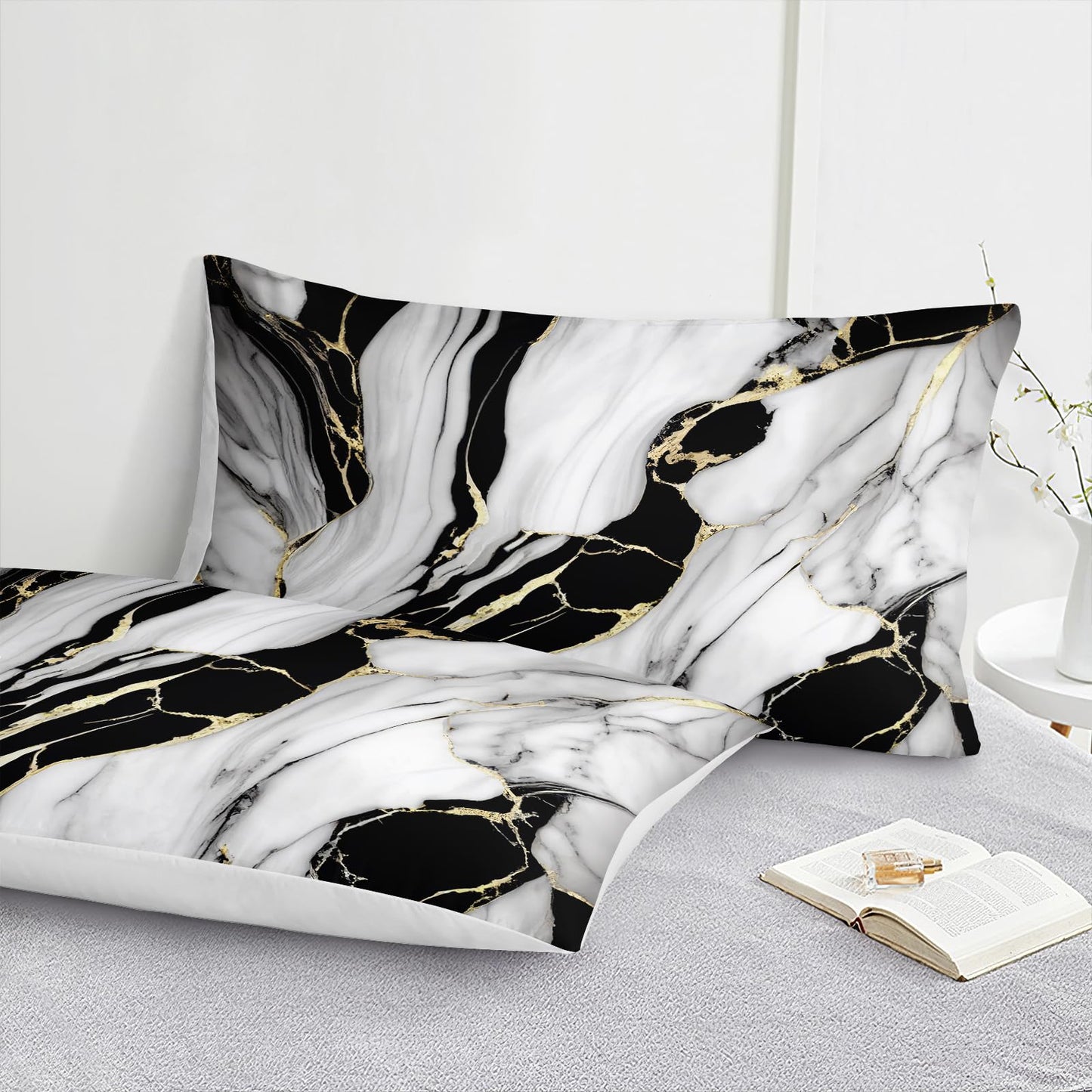 Bedbay Marble Bedding Queen Size Black and Gold Comforter Set 8 Pcs Queen Bed in a Bag Gold Metallic Marble Print Luxury Bedding 1 Comforter 4 Pillowcases 1 Flat Sheet 1 Fitted Sheet 1 Cushion Cover