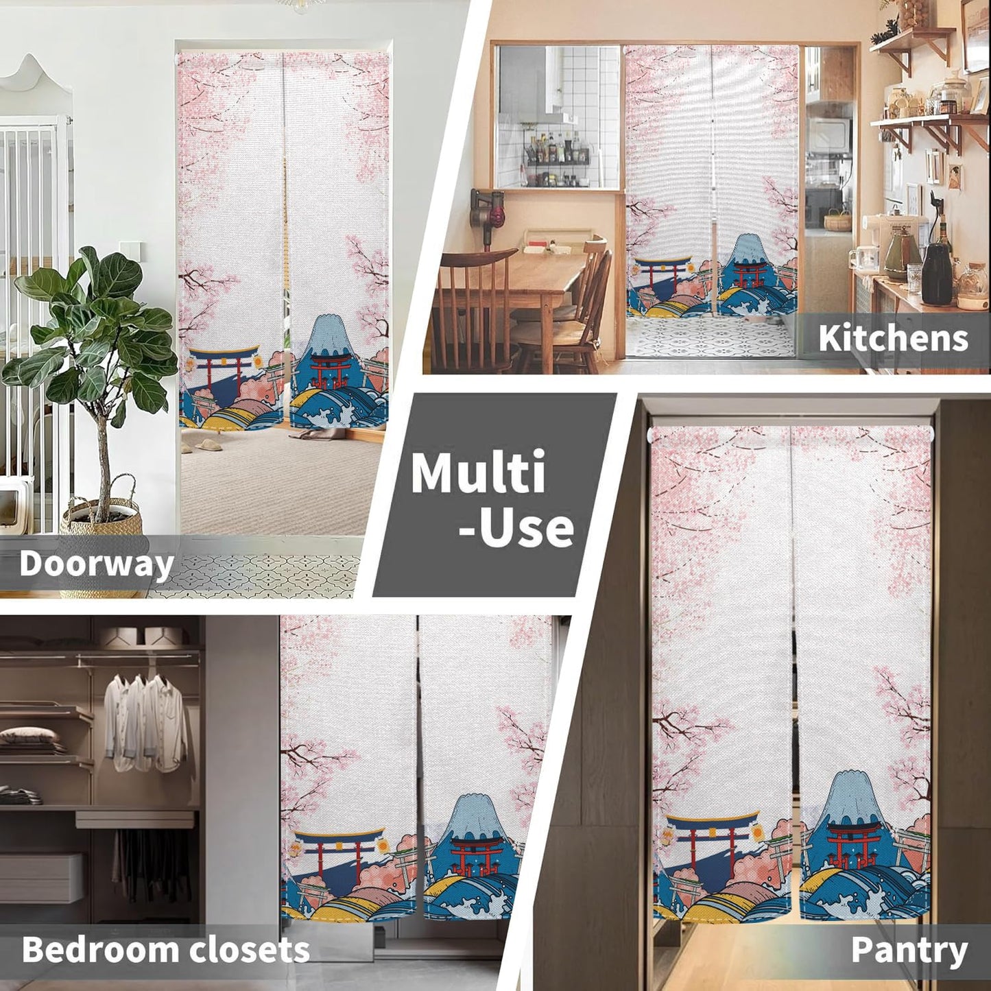 Leowefowa Japanese Doorway Curtain Noren Artistic Painting Door Tapestry Sakura Mount Fuji Pattern Window Treatment Panels for Hanging Room Divider Kitchen Door Curtains Home Decor, 33.5"x 70.9"