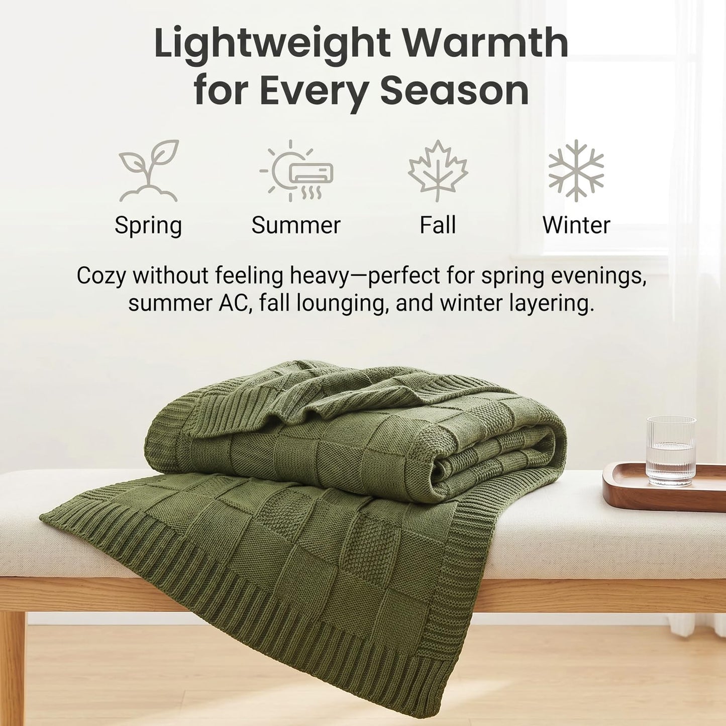 Chunky Knit Throw Blanket for Couch, Oversized Decorative Knitted Blanket, Soft Luxurious Moss Stitch Chair Blankets for Sofa and Bed, Cozy Farmhouse Boho Home Decor, Olive Green, 50" x 70"