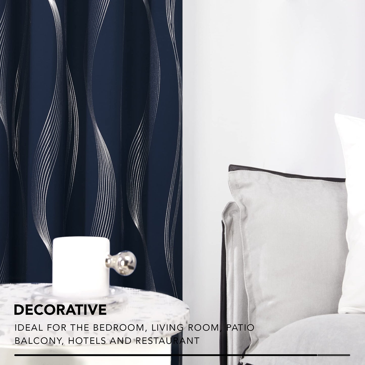 Deconovo Navy Blue Blackout Curtains 2 Panel Set for Bedroom, Thermal Insulated Grommet Room Darkening Window Drapes for Living Room, Silver Wave Foil Print, 52W x 84L Inch