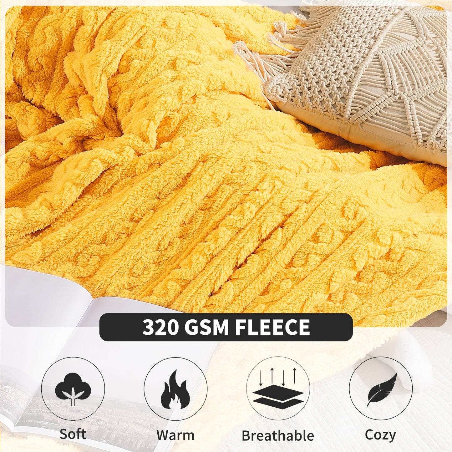 FY FIBER HOUSE Sherpa Blanket - 3D Pattern Design Yellow Throw Blanket for Sofa Couch, Bed, Warm Super Soft Cozy Microfiber Fleece Blanket for Living Room, Throw 50”x60”