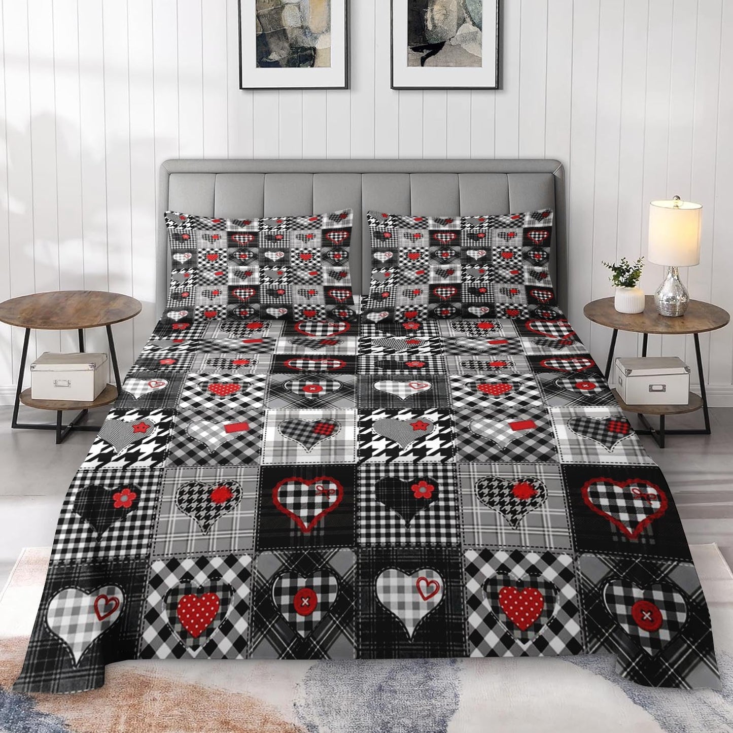 Pamnest Full Size Bed Sheet Sets, Patchwork Plaid Heart Soft Microfiber 4 Pcs Bedding Sets for Kids and Adults Bedroom Bed Decor, Buffalo Check Love Will Flat, Fitted Sheet and 2 Pillowcases