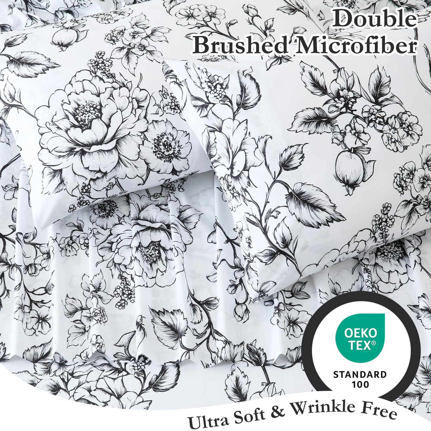 MICORAL Queen Sheet Set Boho Floral Sheets, 4-Piece Printed Botanical Bed Sheets, 16" Deep Pocket, Ultra Soft & Cooling Sheet, Oeko-TEX Certified, Black White Flower