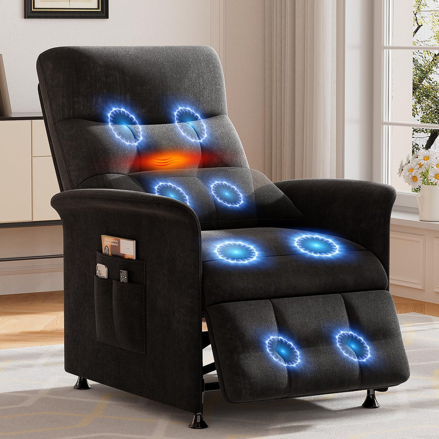 LegacyAmerhome Power Recliner Chair for Adults with Heat & Massage - Soft Fabric Electric Reclining Sofa with Remote Control, 3 Side Pockets, 180° Lay Sleeper for Home Theater Living Room, Black