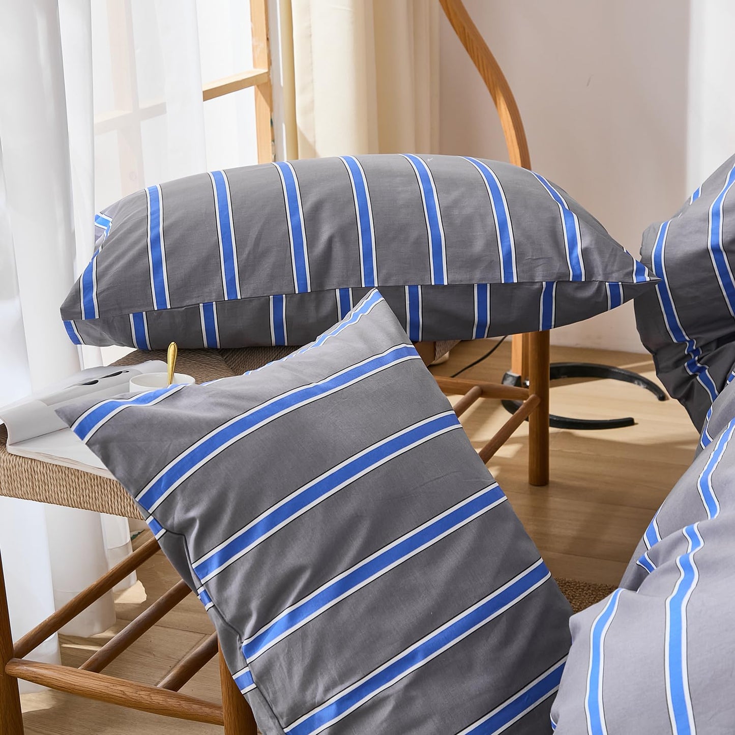 Merryword 100% Cotton Comforter Set King Size - Blue and Gray Striped Comforter with 2 Pillowcases, Luxury & Silky Soft Comforter Set for All Seasons