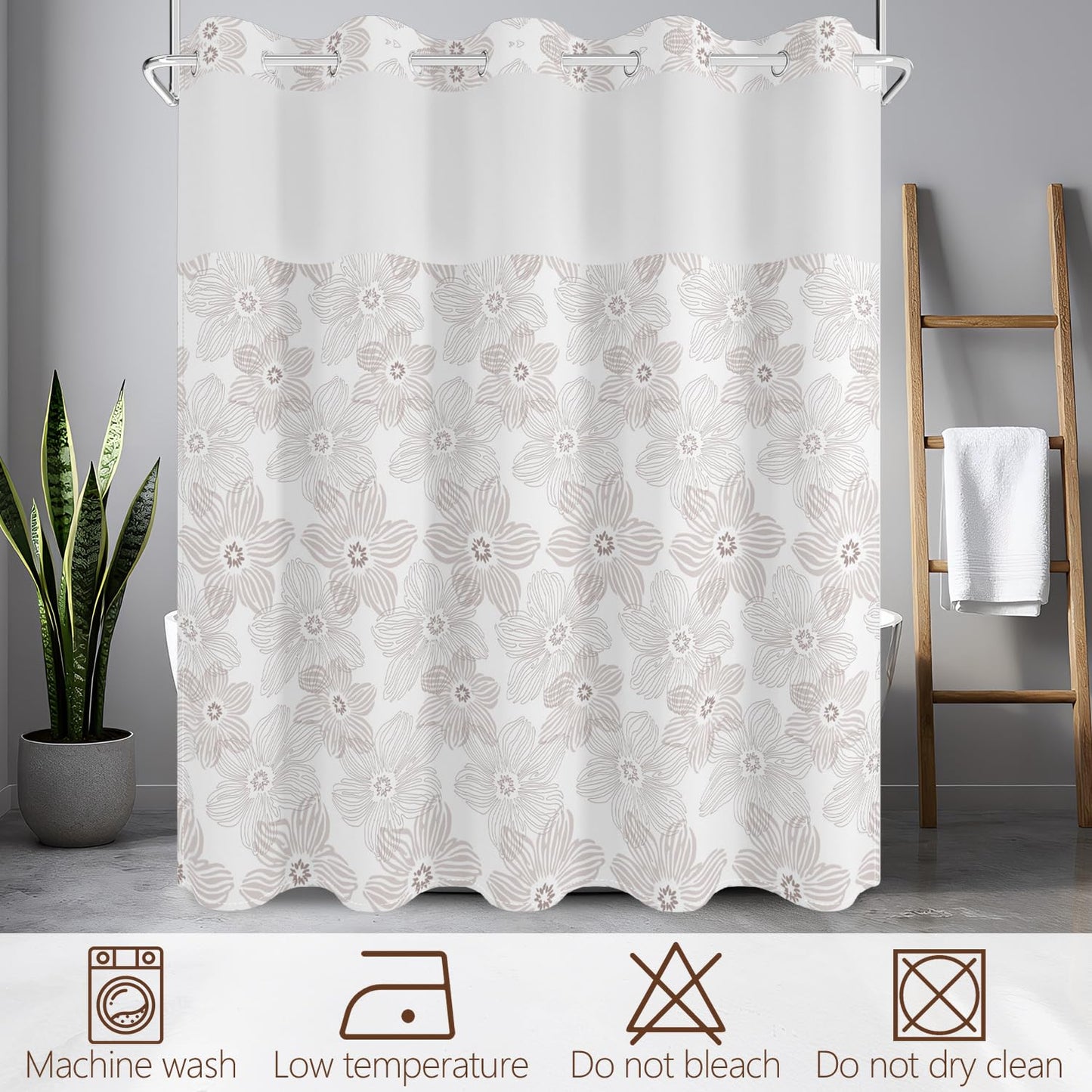 No Hook Shower Curtain with Snap in Fabric Liner Set, Waterproof & Washable, Boho Soft Tan Paisley Floral Shower Curtains for Bathroom, Elegant Neutral Modern Hotel Flower Bathroom Curtain, 71x74 inch