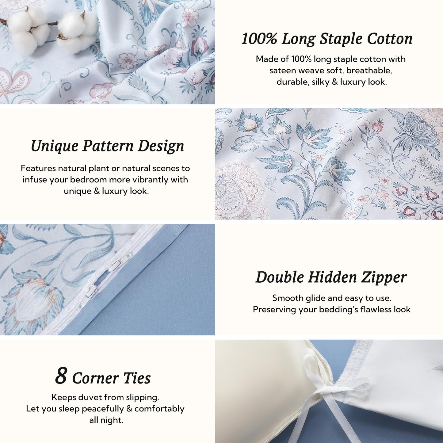 MILDLY Queen Duvet Cover Set - 100% Long-Staple Cotton Paisley Floral Patten Reversible Comforter Cover - 3Pcs Soft Breathable Luxury Bedding for All Season