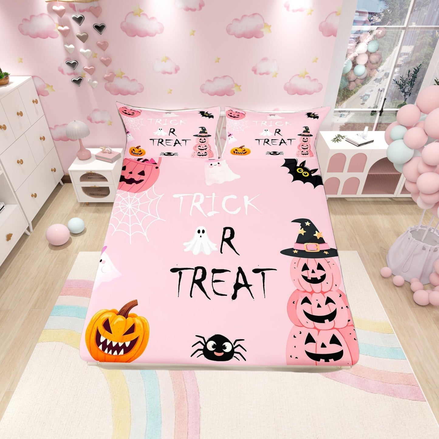 Cute Ghost Spider Web Pumpkin Fitted Sheet Queen Size,Kids Cartoon Style Soft Bed Cover(1 Fitted Sheet+1 Pillow Case),Pink Halloween Breathable Mattress Cover