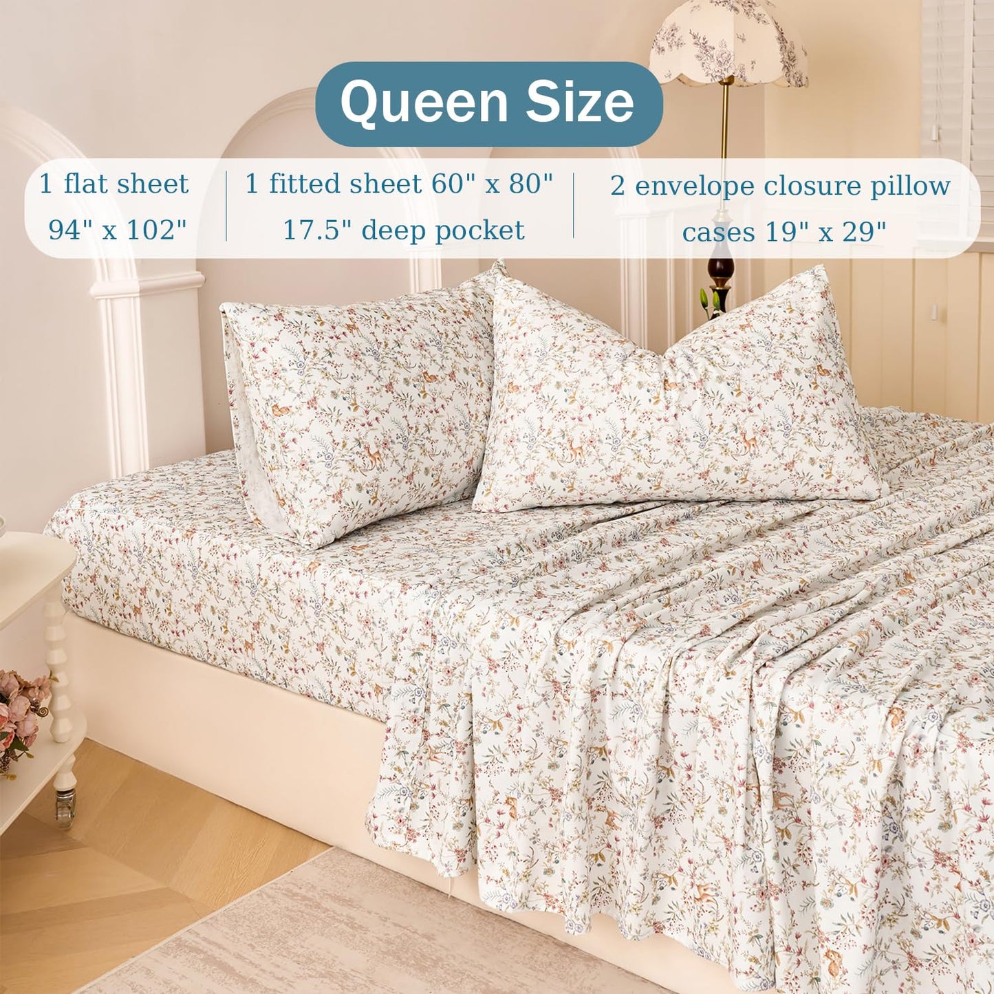 Huborise Orange Queen Sheet Set 400TC 100% Cotton Flannel-Like Warm Luxury Animal & Floral Bed Sheets 4Pc Deep Pocket 17.5", Double Brushed Extra Soft Breathable, Fall/Winter French Country Bedding