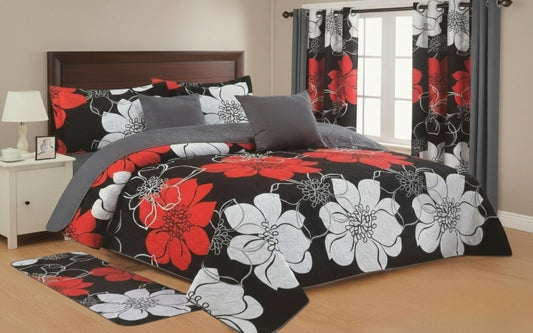 JKCCZLL Queen Size Quilt 12 Piece Set Floral Bedding with Matching Curtains Fitted Sheet Black Queen