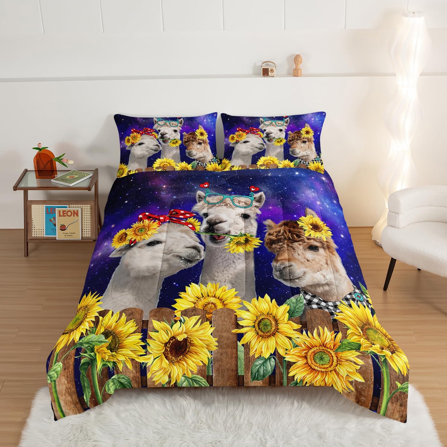 HOSIMA Funny Llama Twin Comforter Set,Alpacas Bedding Sets Animal Theme Room Decor.Soft Microfiber Star Galaxy Sunflower Full Size Bed in a Bag for Boys Girls Children Teens Dorm Room Essentials.