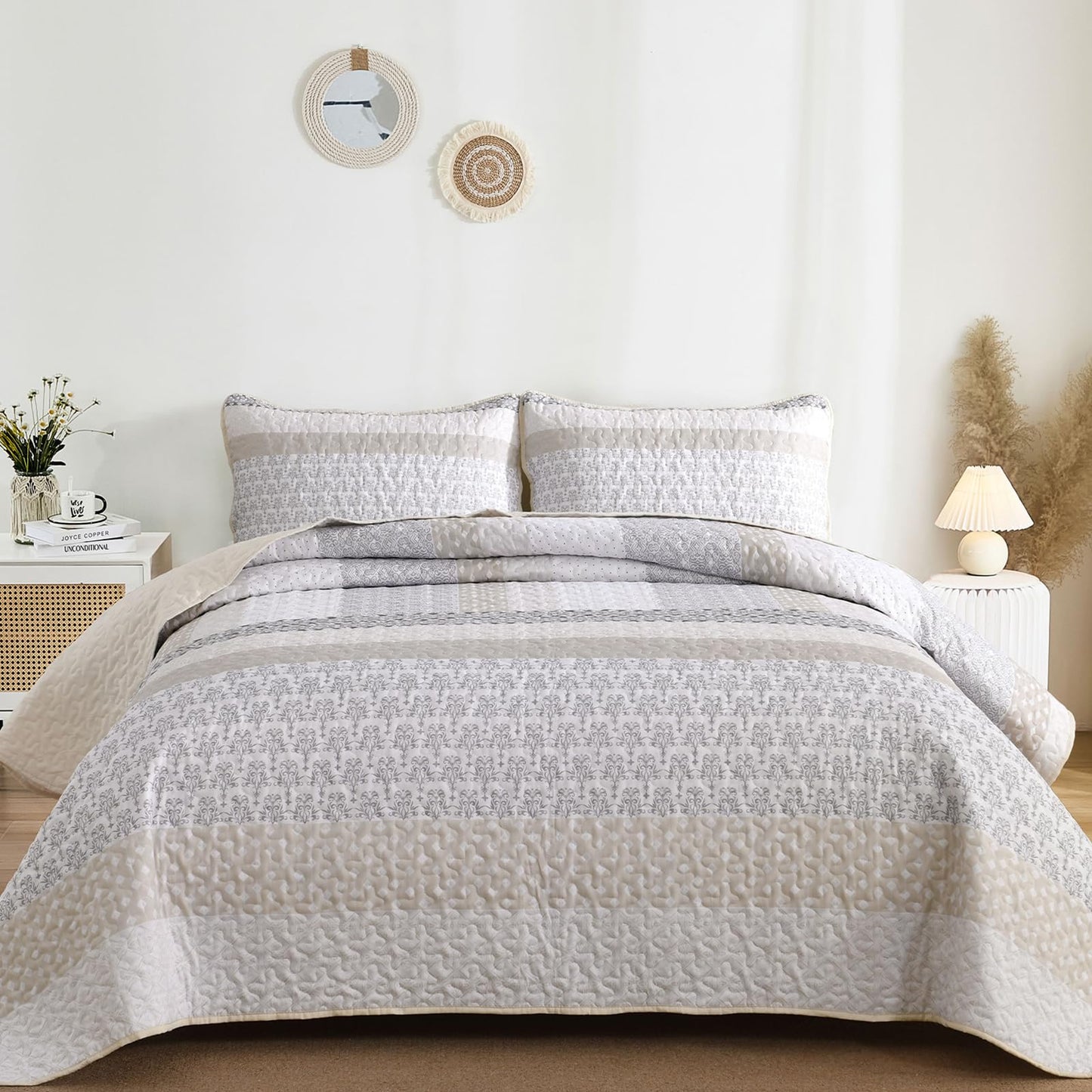 WONGS BEDDING Beige Quilt King Size, Bohemian Stripe Quilt Sets 3 Pieces Boho Quilted Bedspread Set Lightweight Microfiber Coverlet Bedding Set All Season (104"x90")