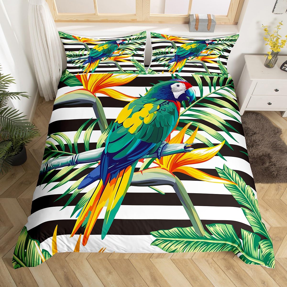 Tropical Tree Duvet Cover King,Black White Stripe Bedding Set Green Plant Palm Leaves Quilt Cover Bird Parrot Animal Comforter Cover,Botanical Yellow Floral Bed Cover with 2 Pillow Shams