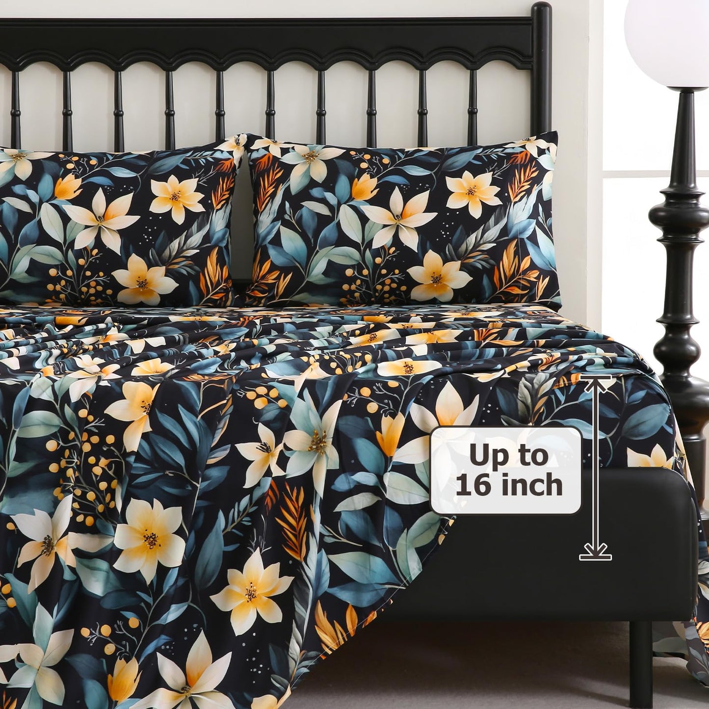 CozySmile 4 Pieces Queen Sheet Set Floral, Boho Sheets Soft Microfiber Deep Pocket, Floral Sheets (Queen, Tranquil Night Lily)