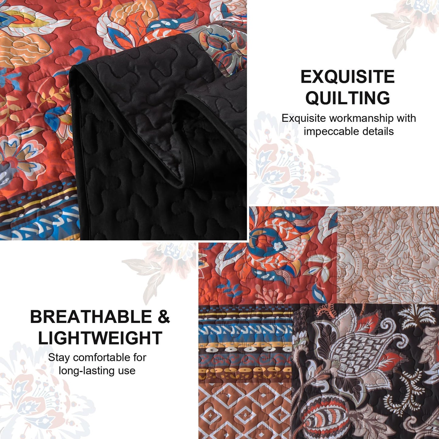 DJY Patchwork Quilt Set King Size Boho Bedspread Coverlet, Black Coral 3 Pieces Paisley Floral Quilted Bedding Set, Lightweight Bohemian Farmhouse Reversible Bed Cover for All Season 110''x90''