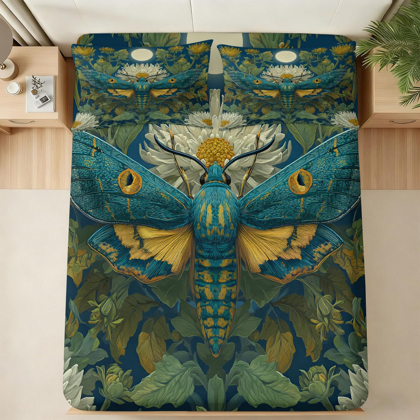 ZAOMIR Blue Gold Moth Bedding King for Adult, Vintage Chrysanthemum Gothic Bed Sheets Set 4 Pcs for Women, Dark Garden Deep Blue Botanical Sheets with 2 Pillowcases & Fitted Sheet & Flat Sheet