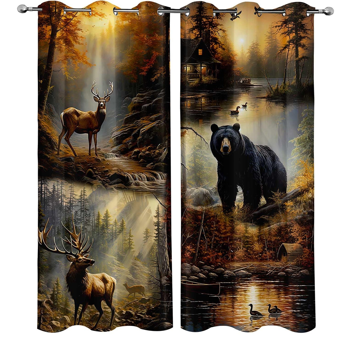 LUVIVIHOME Rustic Cabin Blackout Curtains, Deer Moose Black Bear Curtains for Bedroom, Forest Animal Wildlife Mallard Duck Country Farmhouse Hunting Room Decor Window Curtains 2 Panel Sets, 52x84 Inch