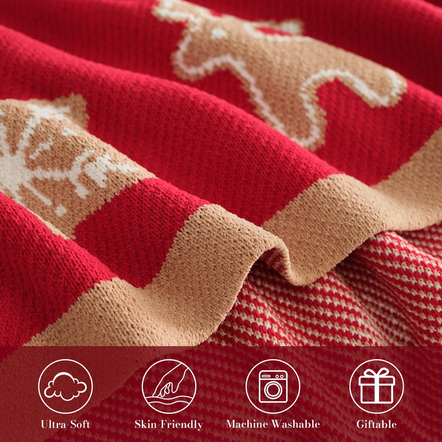 Amélie Home Christmas Knit Throw for Couch, Reversible Soft Cozy Chenille Blanket for Home Decor Gift for Family, 50" x 60", Christmas Gingerbread Cookie