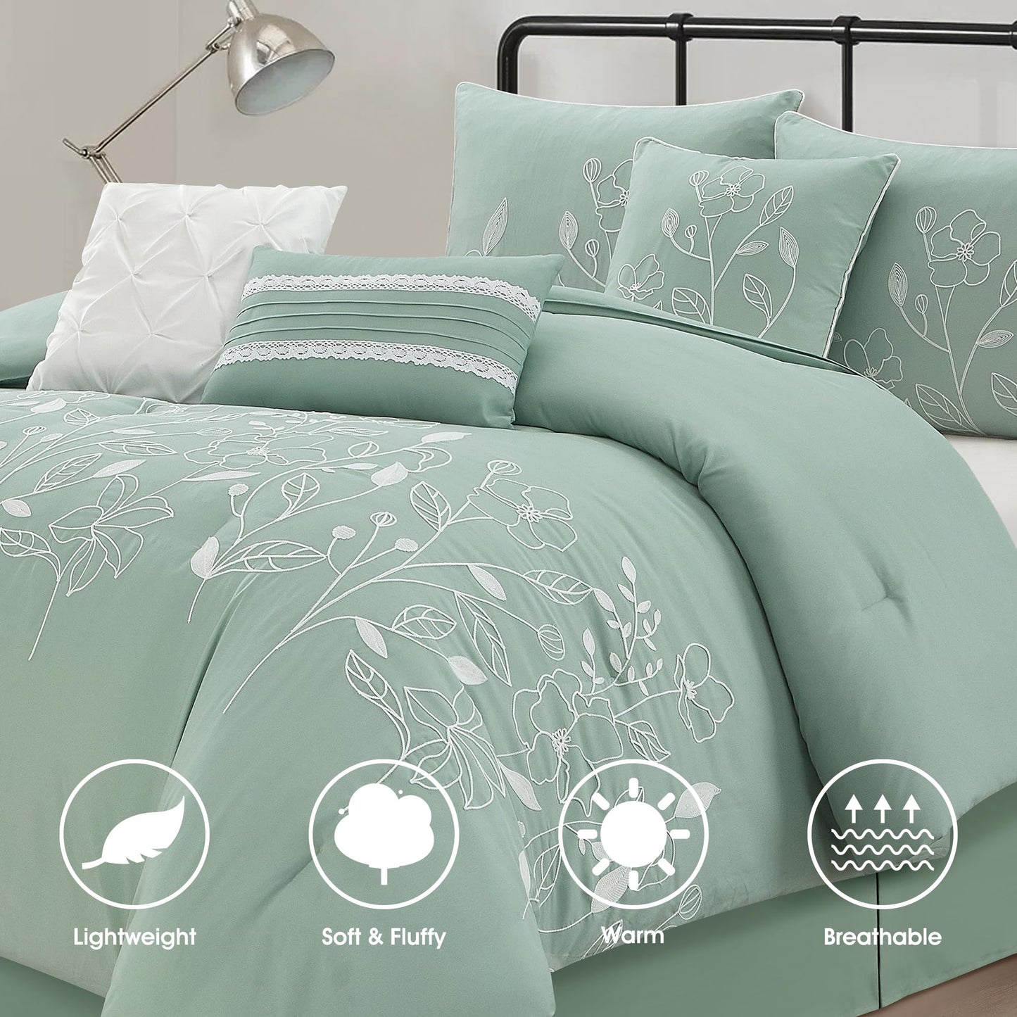 LANCO MODERN LIFESTYLE Green Queen Comforter Set, Chain Stiching 3D Floral Embroidery, Exquisite and Elegant Bedding Sets, 7 Pieces Bed in a Bag, Bedskirt, Pillow Shams and Decor Pillows