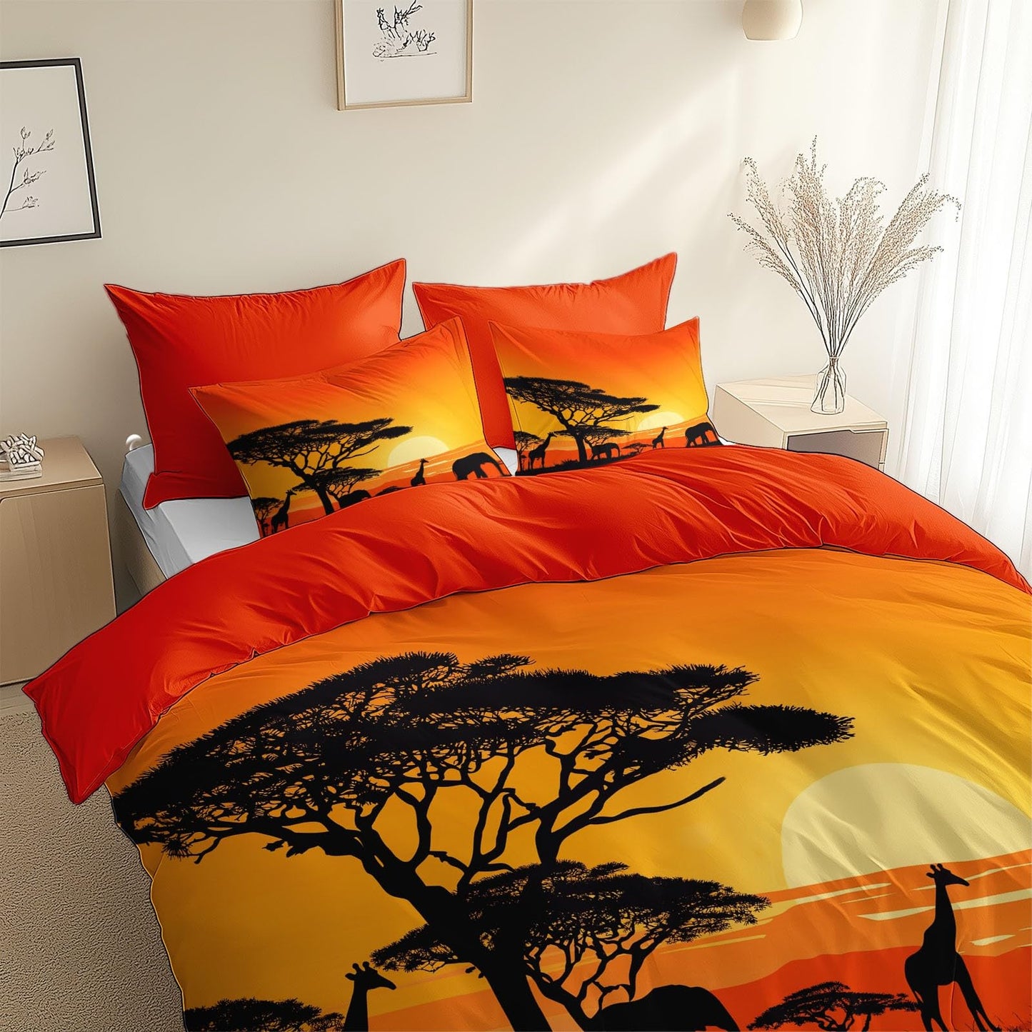 Retro Animals Grassland Sunset Duvet Cover Set Queen (90 x 90 in) Ultra Soft Orange Color Print Bedding Set with 2 Pillowcase, Breathable Comforter Cover for Teens Adults Kids