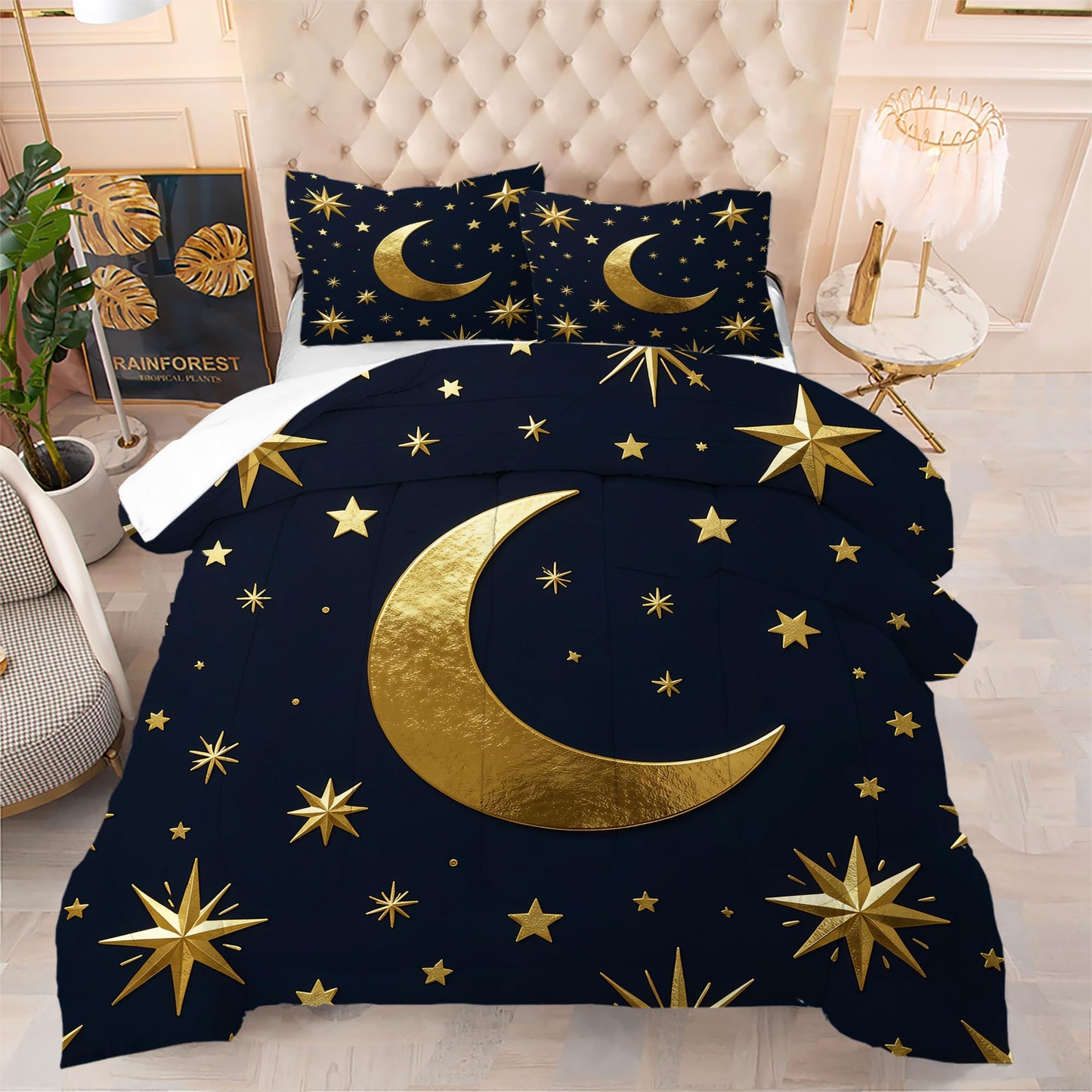 VTKON Gold Moon and Stars Bedding Set, Luxury Celestial Night Sky Comforter Set, Gold Starry Print Bed Set for Girls Bedroom Decor (Queen Size 3Pcs with 2 Pillow Cases)