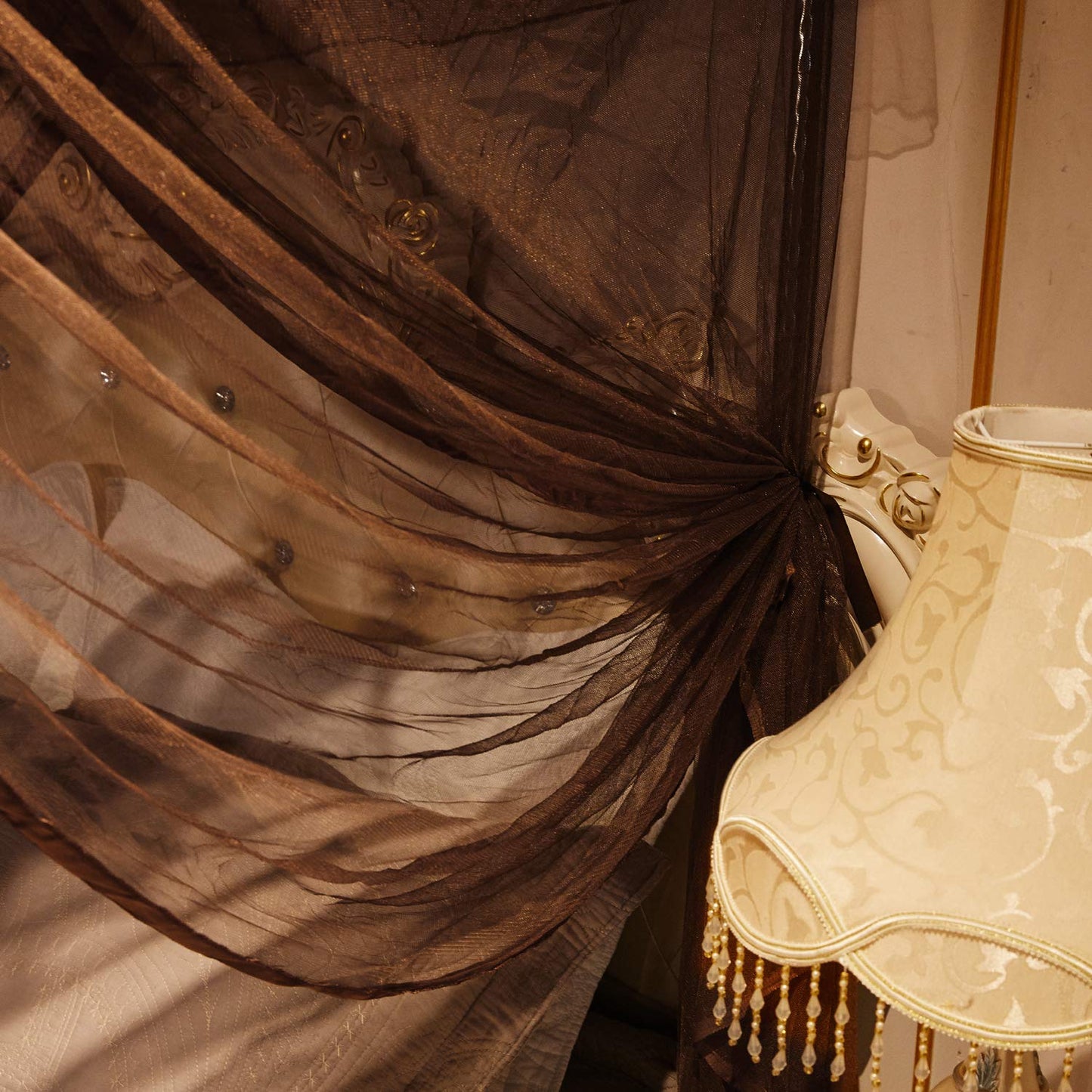Mengersi 4 Corners Post Canopy Bed Curtains Canopy for Bed King Size - Royal Luxurious Mosquito Net Bedroom Decor (King, Coffee)