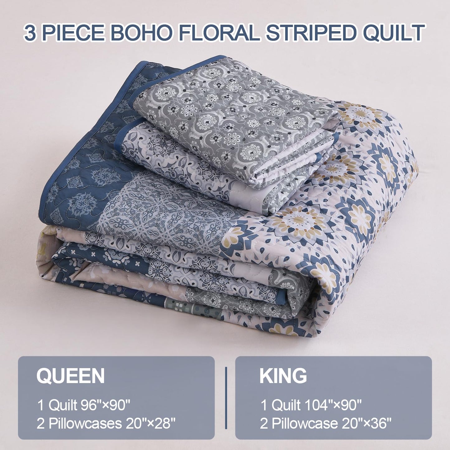 WONGS BEDDING Boho Quilt Set Queen, Bohemian Striped Patchwork Bedspread Coverlet Set with 2 Pillowcases,Lightweight Microfiber Floral Bedding Set 96"×90"