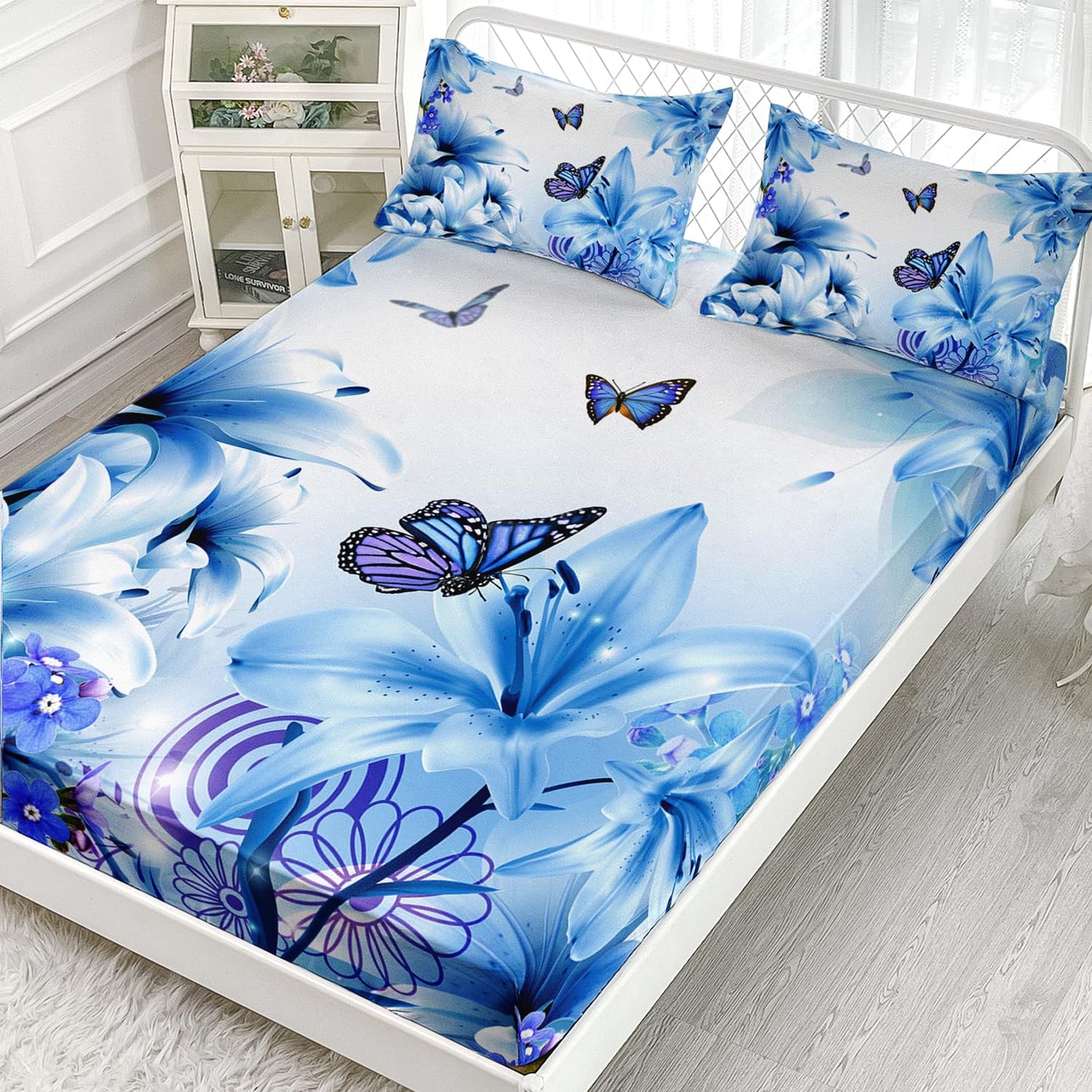 AILONEN Butterfly Fitted Sheet Twin Size Sheets for Girls Women, Blue Lily Flower Bed Sheets,Flying Animals Theme Bedding Set 3 Pieces,Soft Breathable Fitted Sheet and 2 Pillowcases