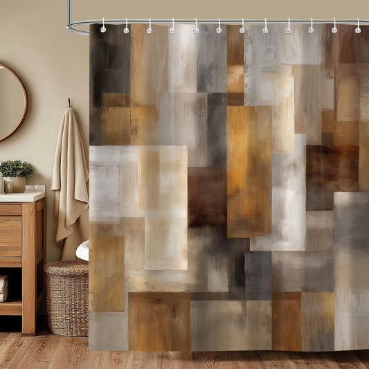iTapnoom Abstract Brown Shower Curtain, Tan Rust Geometric Art Bathroom Decor, Modern Fabric Bath Curtain with 12 Hooks, 72 x 72 Inch