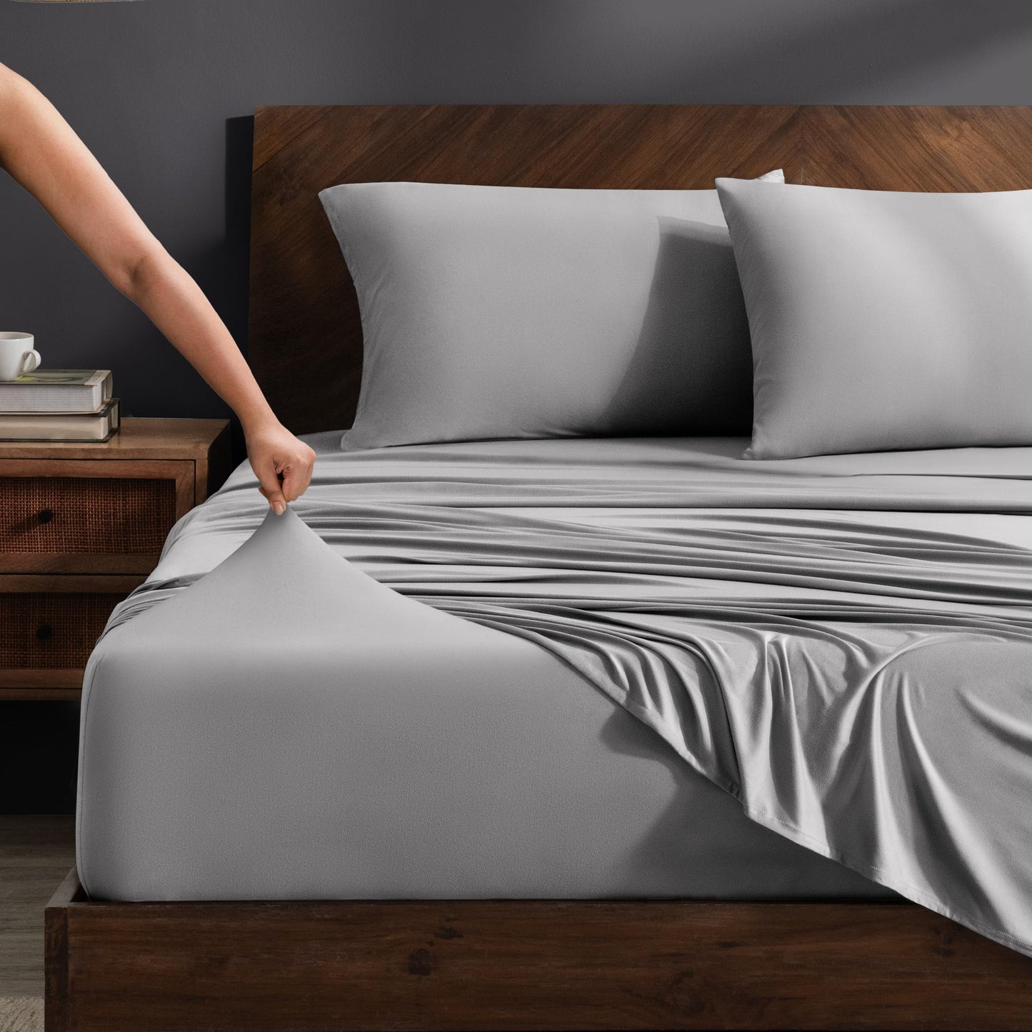 Bare Home Cooling Performance Jersey Knit Stretch Sheet Set, Moisture-Wicking & Breathable, 4-Way Stretch Bed Sheets, Envelope Pillowcases (Full, Light Grey)